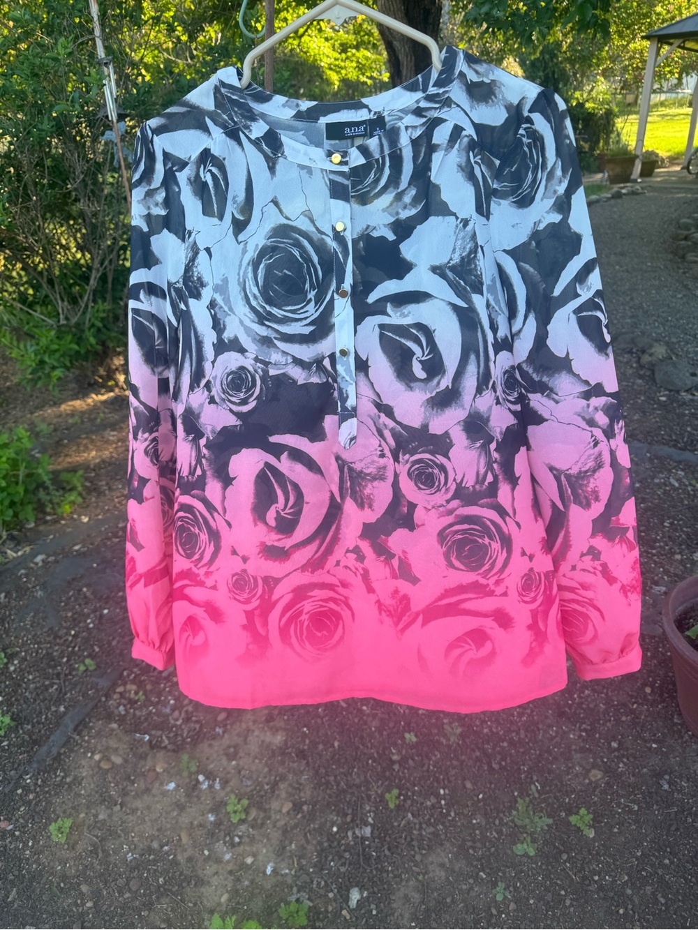 A.N.A. Floral Ombre Long-Sleeve Blouse - Pink/Black and white background.